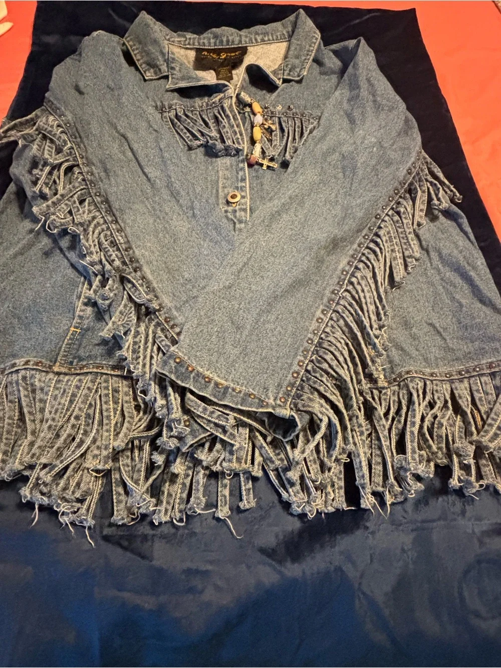 Ashley Stewart 22/24 Denim Fringe Studded Charm Jacket Western Boho Y2K